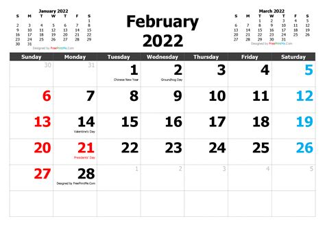 Printable February 2022 Calendar With Holidays